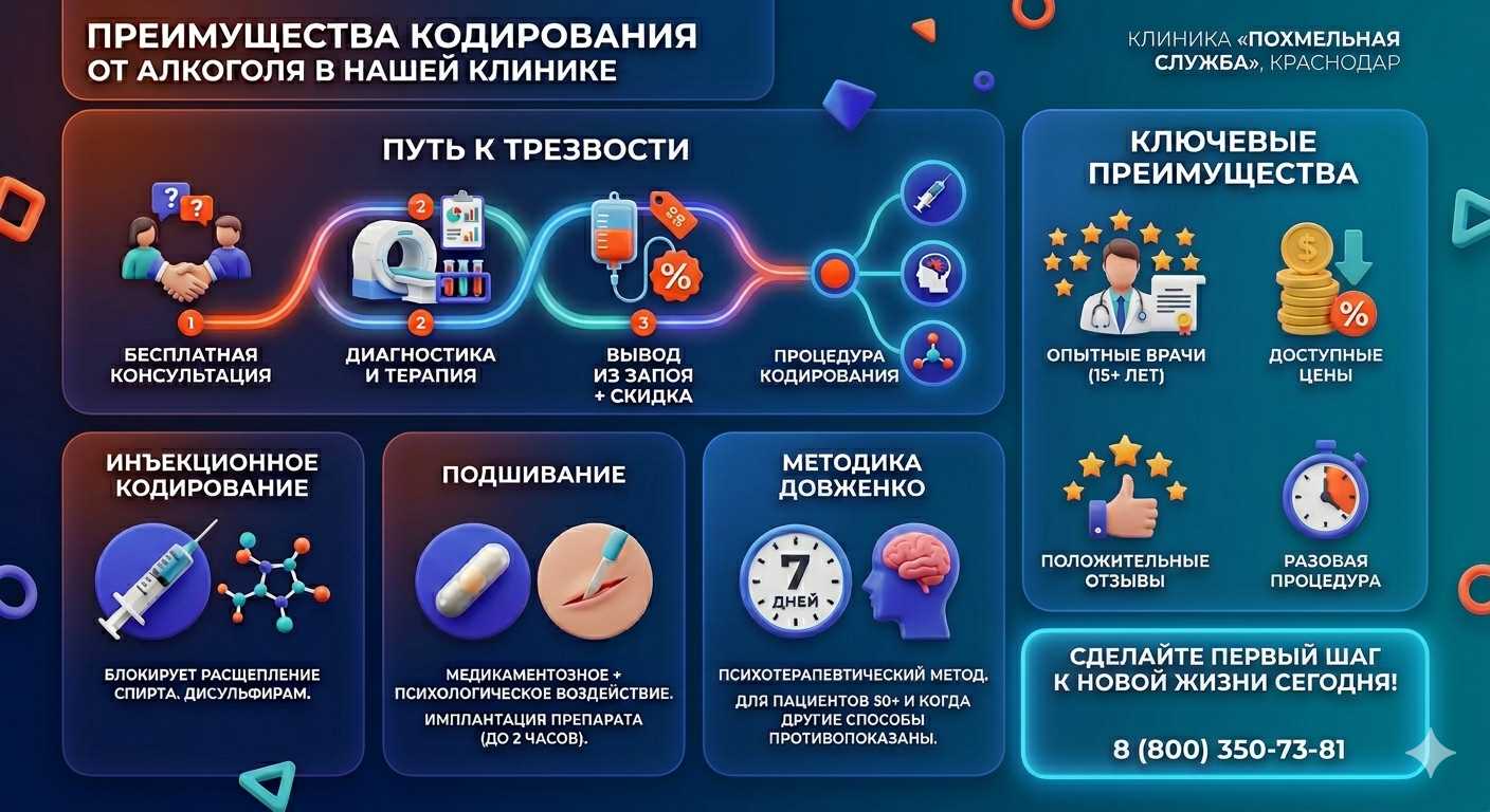 Инфографика о методах кодирования от алкоголя в Пинске: инъекции, подшивание, метод Довженко. Преимущества клиники и этапы лечения.